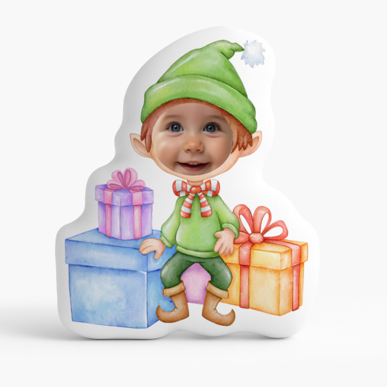 Pernă 3D personalizată, catifea, Elf cu cadouri, 40x40 cm